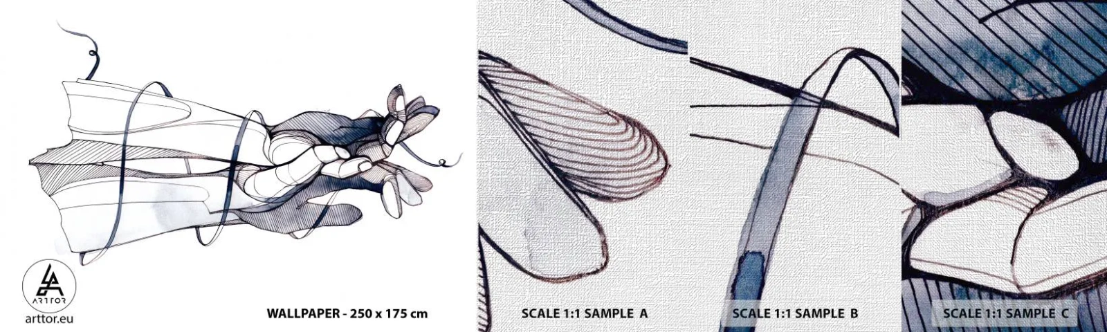 Échantillon de Papier Peint Premium Canvas - Étude du touché - Abstraction, Mains, Graphique - 100x30 cm