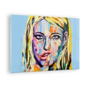 Impression sur verre - Image sur verre - Un portrait coloré d'une femme avec une expression réfléchie - 70x50cm - Regarde-la droit dans les yeux - Décoration murale moderne pour le salon et la chambre ARTTOR