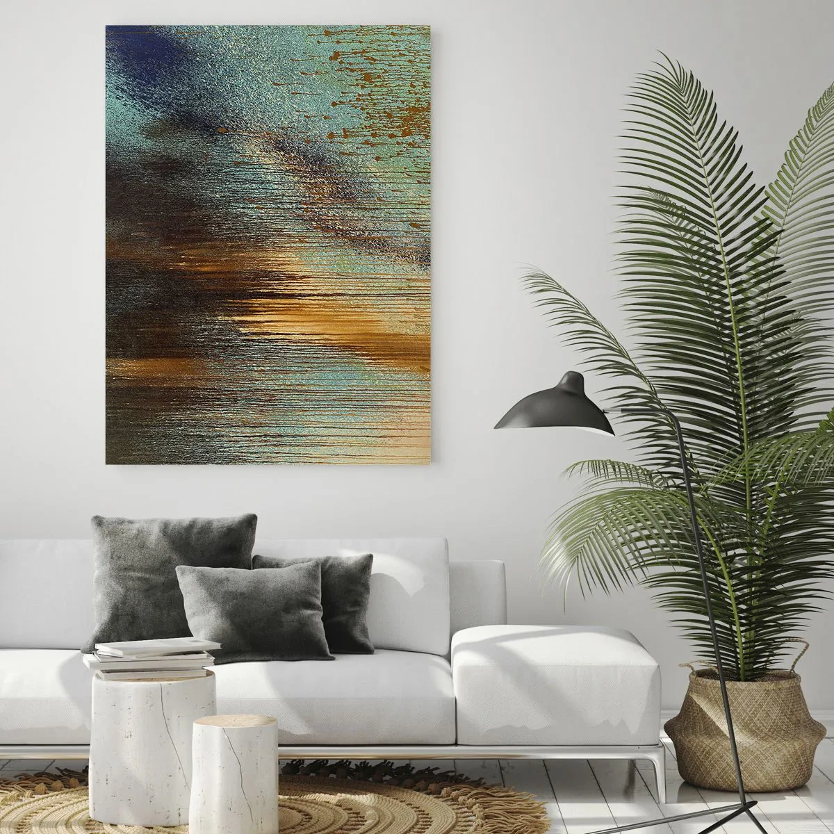 Impression sur verre - Image sur verre - Une composition abstraite de couleurs dans des tons d'or, de marron et de bleu. - 80x120cm - Une composition de couleirs non fortuite - Décoration murale moderne pour le salon et la chambre ARTTOR