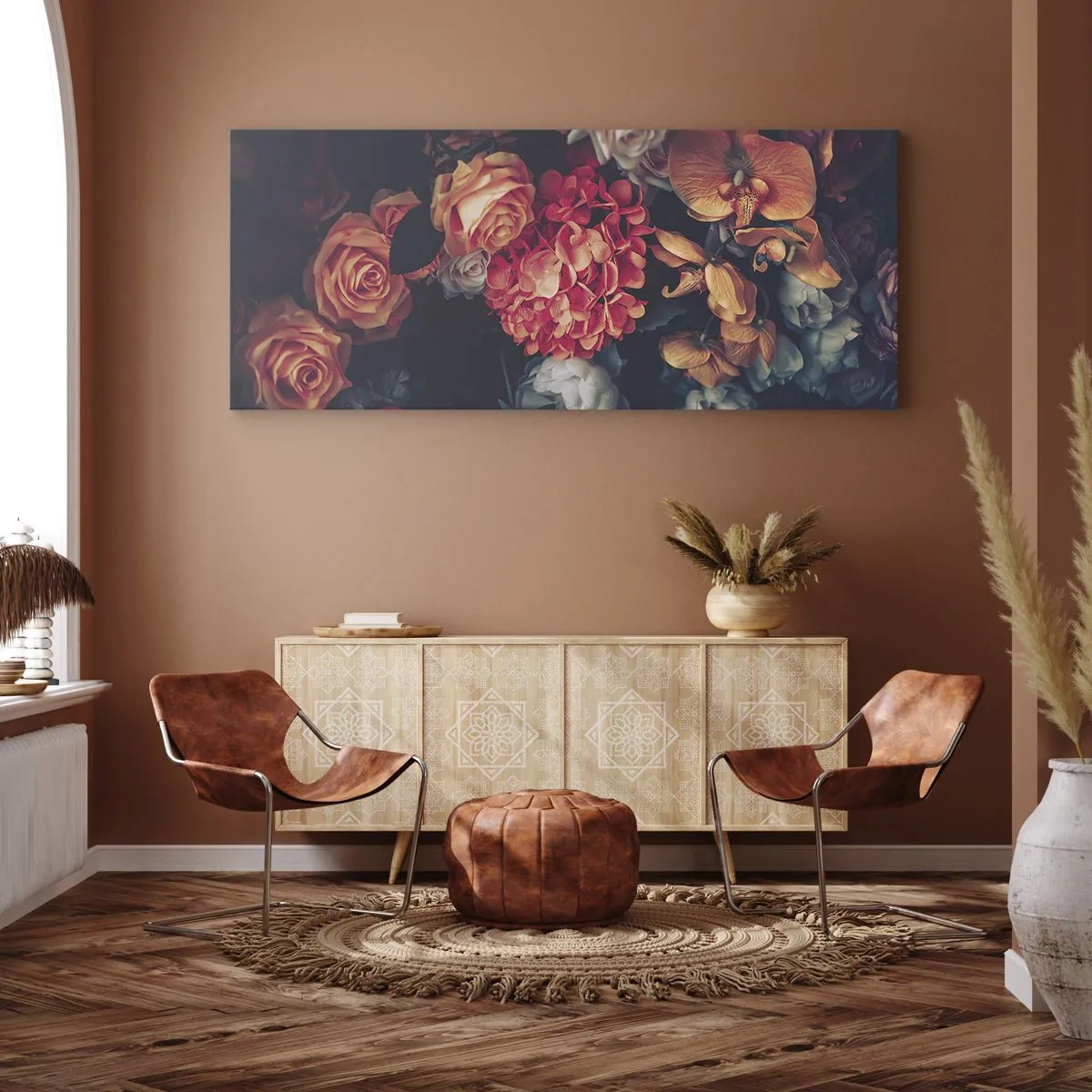 Impression sur toile - Image sur toile - Un bouquet de fleurs variées aux tons sombres - 160x50cm - Comme chez les maîtres hollandais - Décoration murale moderne pour le salon et la chambre ARTTOR