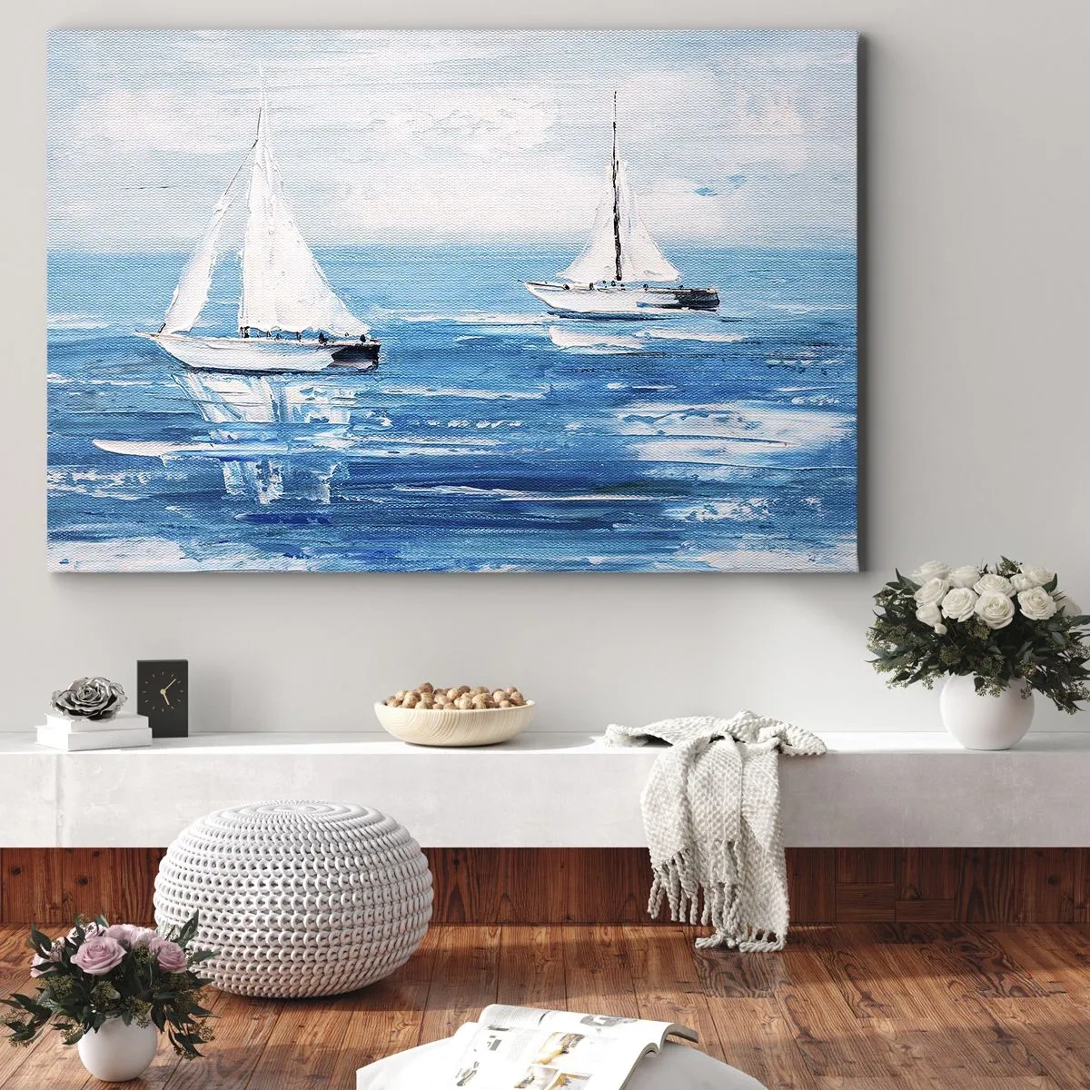 Impression sur toile - Image sur toile - Yachts sur la mer bleue dans un style artistique - 120x80cm - Avec un ami à mes côtés - Décoration murale moderne pour le salon et la chambre ARTTOR