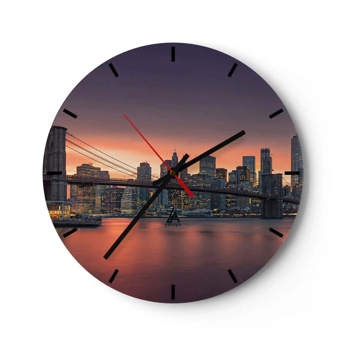 Horloge murale - Pendule murale - Panorama de la ville avec le pont au coucher du soleil - 30x30cm - Immergé dans le silence lilas - Décoration murale moderne pour le salon, la cuisine et la chambre ARTTOR