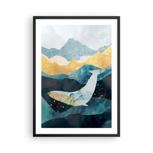 Affiche dans un cadre noir - Poster - Une baleine abstraite flottant parmi des vagues dorées. - 50x70cm - La beauté fraîche du nord - Décoration murale moderne pour le salon et la chambre ARTTOR