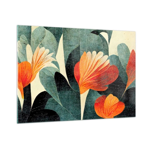 Impression sur verre - Image sur verre - Fleurs orange sur fond de feuilles vert foncé - 100x70cm - La chaleur des tropiques et la fraîcheur de la verdure - Décoration murale moderne pour le salon et la chambre ARTTOR