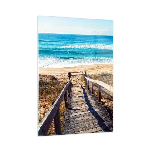 Impression sur verre - Image sur verre - Chemin en bois menant à la plage avec vue sur l'océan - 50x70cm - Cours! - Décoration murale moderne pour le salon et la chambre ARTTOR