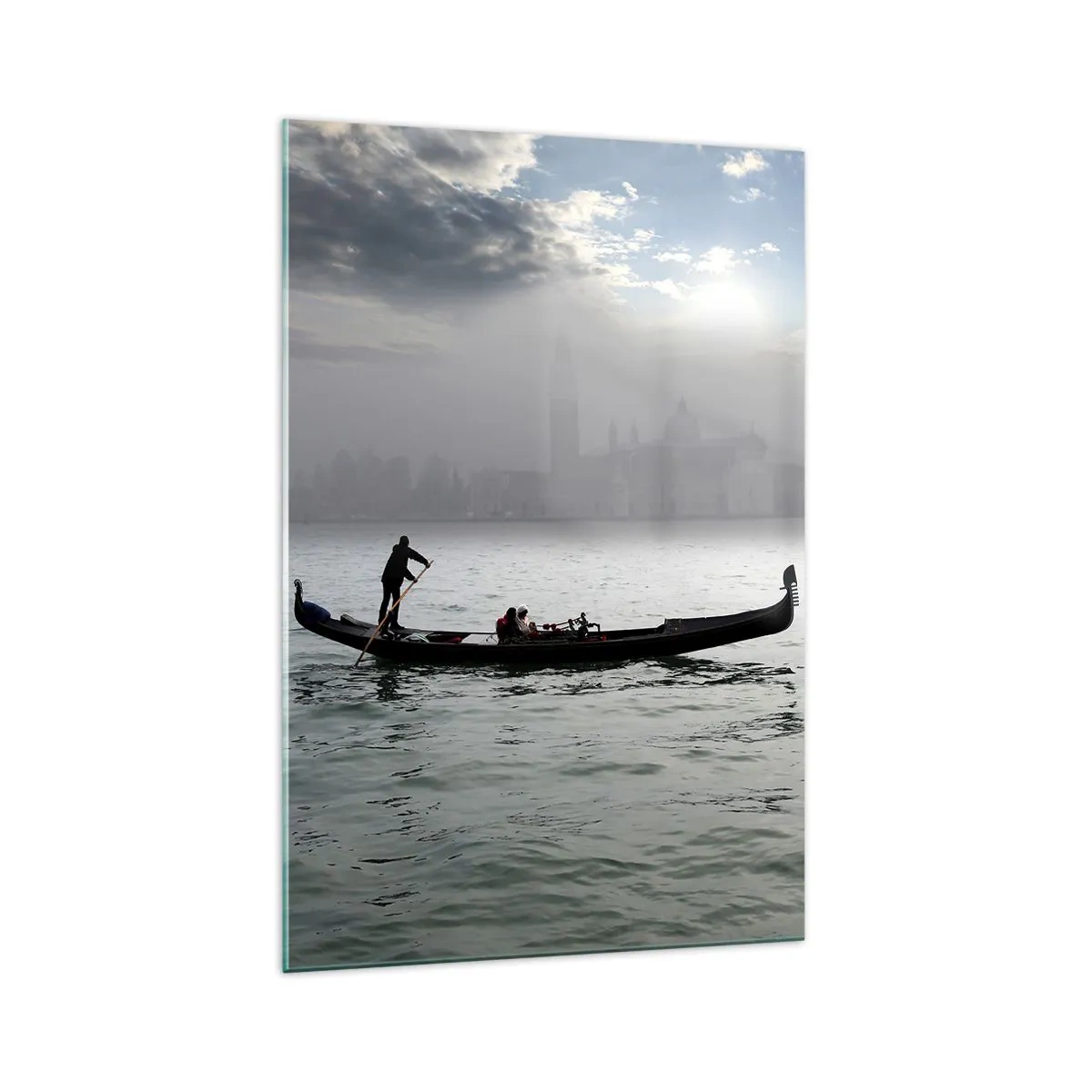 Impression sur verre - Image sur verre - Une gondole glisse sur les eaux de Venise par un matin brumeux, surplombant la ville. - 70x100cm - Une ville fabuleuse faite d'eau et de brouillard - Décoration murale moderne pour le salon et la chambre ARTTOR