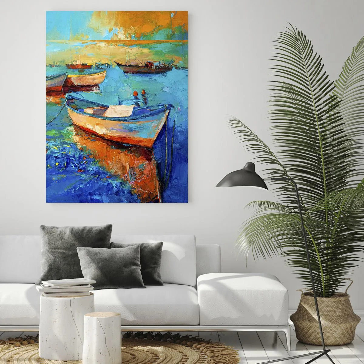 Impression sur verre - Image sur verre - Bateaux colorés amarrés sur une eau calme - 80x120cm - Dans la baie du sud - Décoration murale moderne pour le salon et la chambre ARTTOR