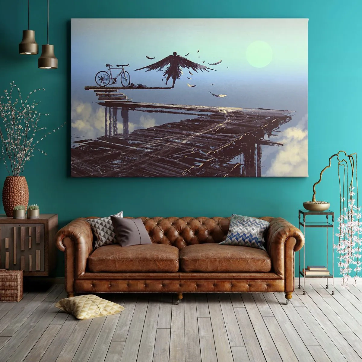 Impression sur toile - Image sur toile - Une silhouette avec des plumes plane au-dessus d'un pont en bois à côté d'un vélo. - 70x50cm - Icare est toujours vivant - Décoration murale moderne pour le salon et la chambre ARTTOR