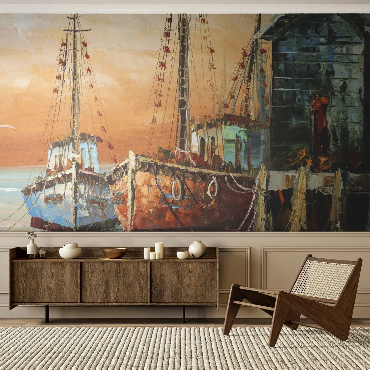 Papier Peint Photo Premium Sand - Une marina pittoresque avec des bateaux de pêche - 100x70cm - Retour tranquille - Décoration murale moderne pour le salon et la chambre ARTTOR