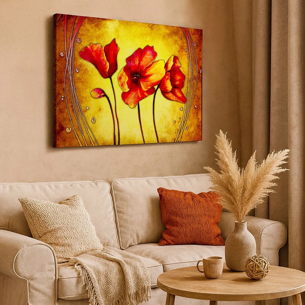 Impression sur toile - Image sur toile - Fleurs rouges et jaunes sur fond doré avec motifs décoratifs - 70x50cm - Dans la décoration Art Nouveau - Décoration murale moderne pour le salon et la chambre ARTTOR