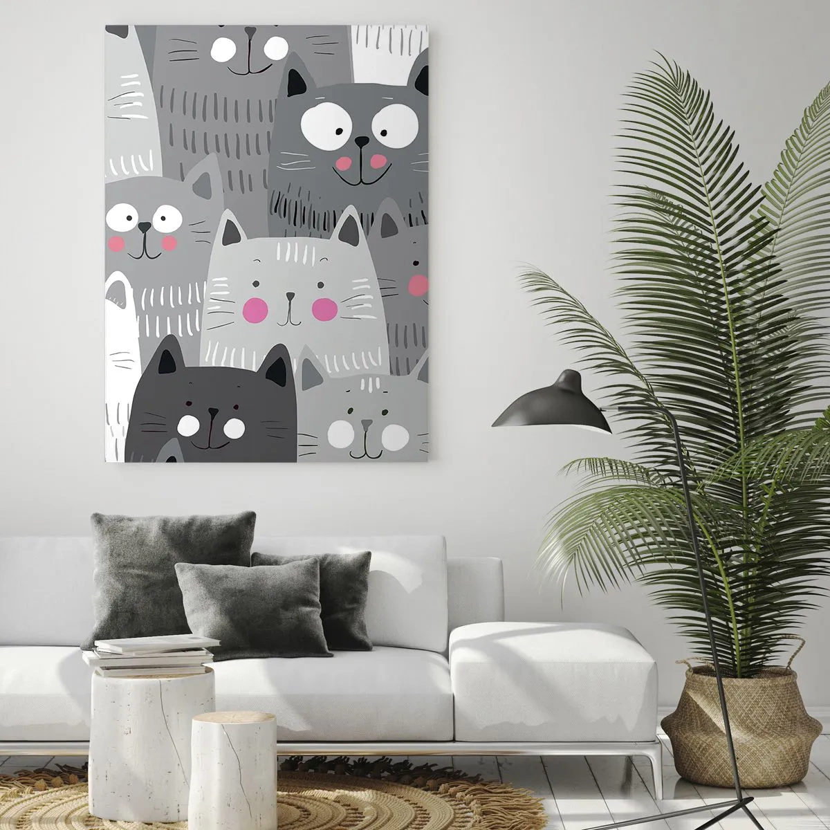 Impression sur verre - Image sur verre - Chats drôles aux couleurs grises sur fond blanc - 50x70cm - Le monde des chats - Décoration murale moderne pour le salon et la chambre ARTTOR