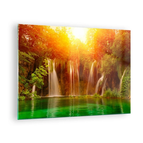 Impression sur verre - Image sur verre - Cascades dans une forêt ensoleillée avec de l'eau turquoise - 70x50cm - Au soleil et à l'ombre - Décoration murale moderne pour le salon et la chambre ARTTOR