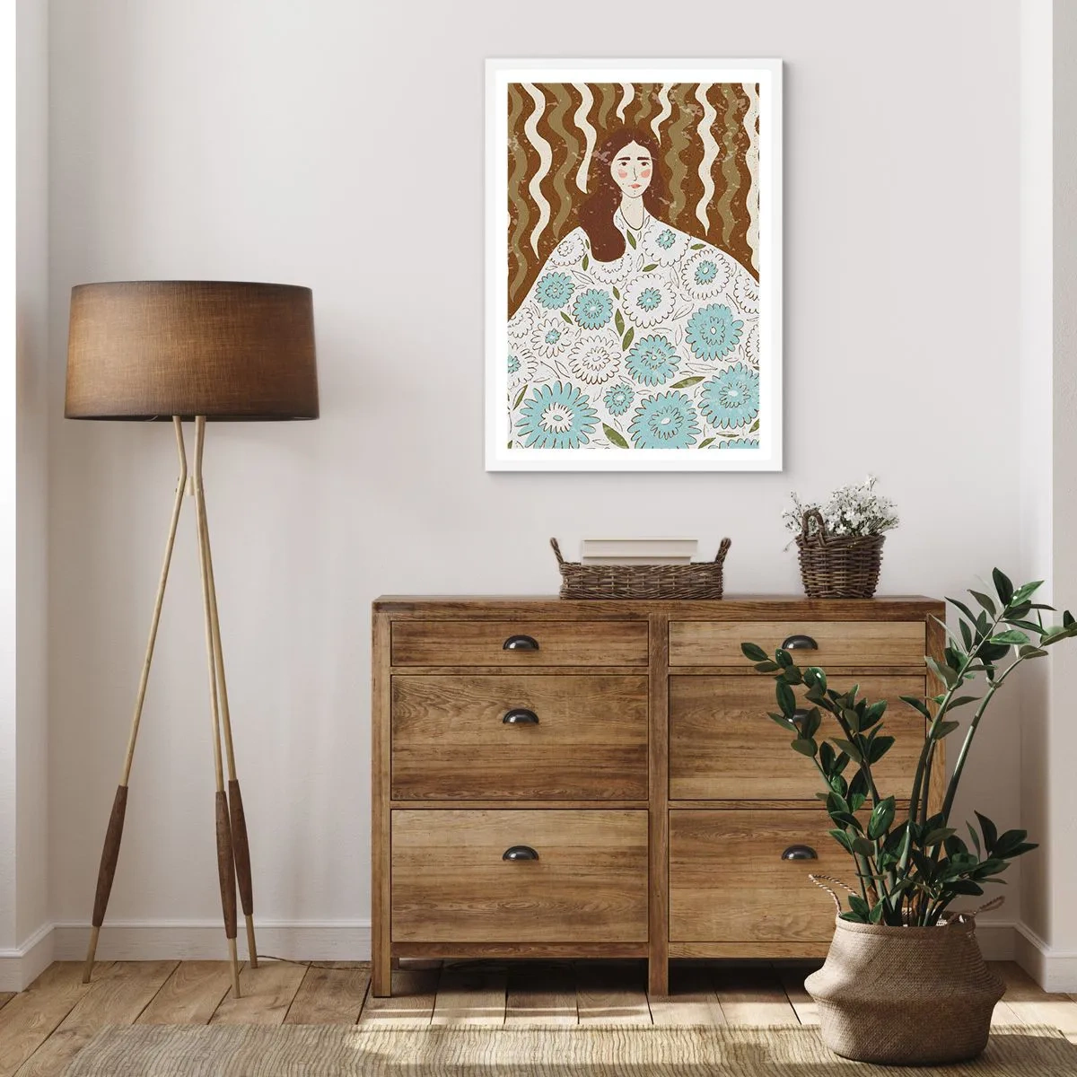 Affiche dans un cadre blanc - Poster - Portrait en robe fleurie - 70x100 cm