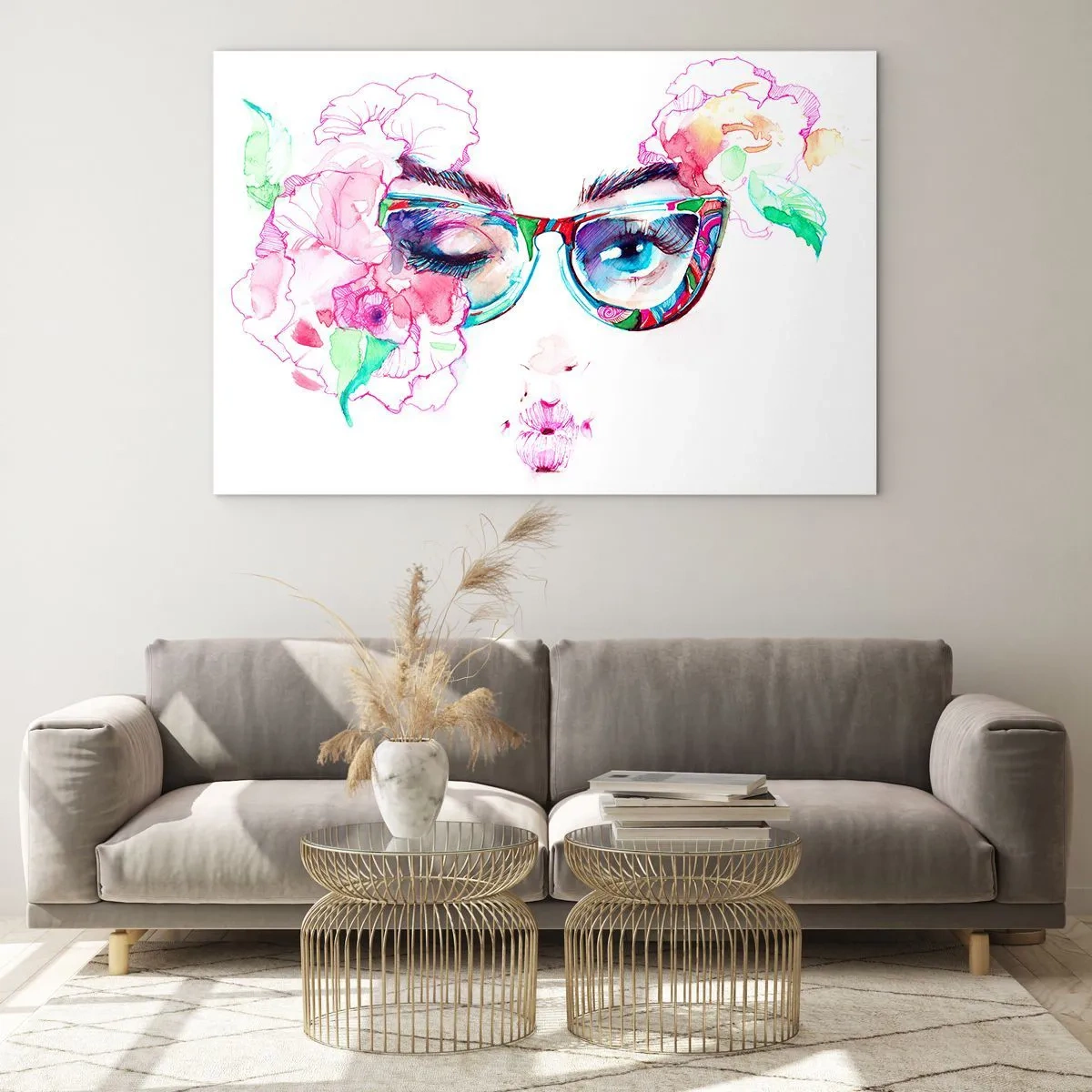 Impression sur verre - Image sur verre - Yeux de femmes avec des fleurs et des lunettes colorées dans un style aquarelle - 70x50cm - Une promesse tentante - Décoration murale moderne pour le salon et la chambre ARTTOR