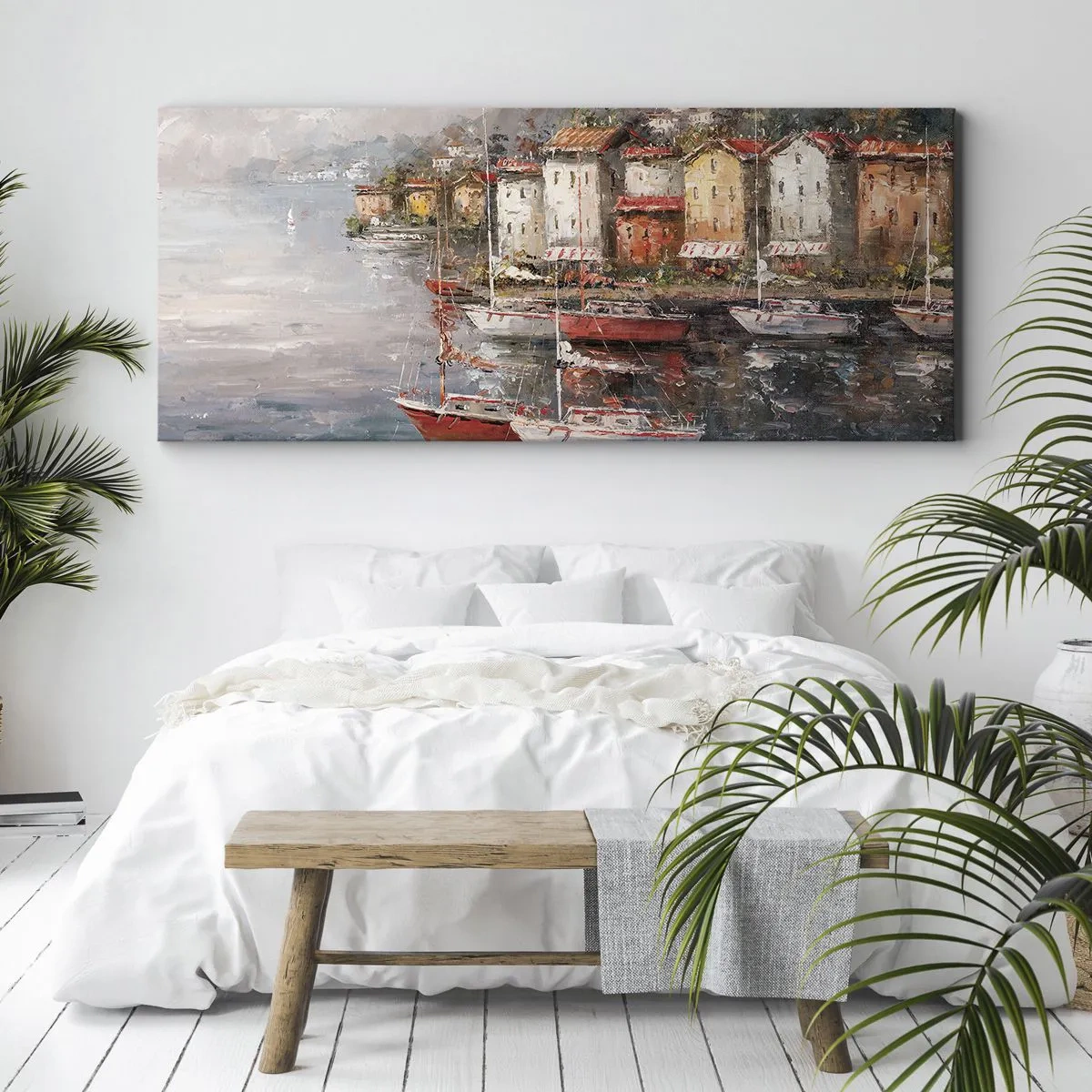 Impression sur toile - Image sur toile - Paysage de bord de mer avec des bateaux et des maisons colorées - 140x50cm - Havre romantique - Décoration murale moderne pour le salon et la chambre ARTTOR