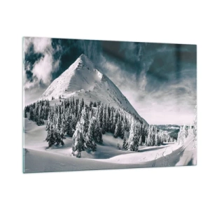 Impression sur verre - Image sur verre - Paysage de montagne hivernal avec des sommets enneigés et une forêt - 120x80cm - Le pays de la neige et de la glace - Décoration murale moderne pour le salon et la chambre ARTTOR