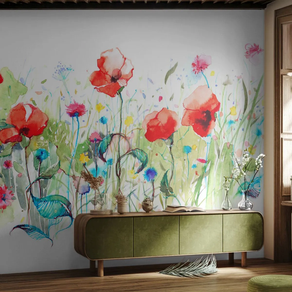 Papier Peint Photo Standard Eco - Prairie de fleurs en mai - Fleurs, Coquelicots, Jardin - 200x140 cm