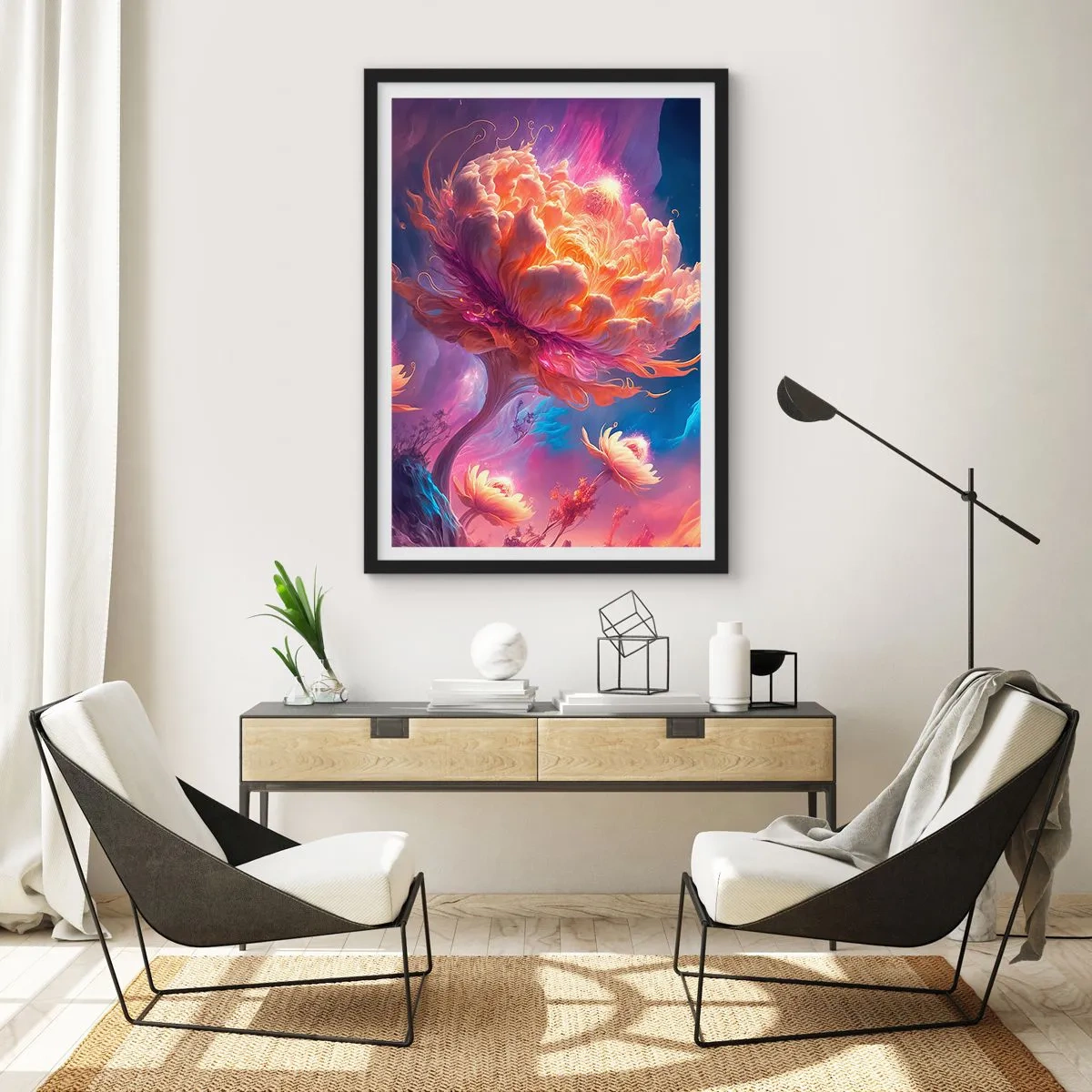 Affiche dans un cadre noir - Poster - Un arbre fantastique en forme de fleur en fleurs - 50x70cm - Un autre monde - Décoration murale moderne pour le salon et la chambre ARTTOR