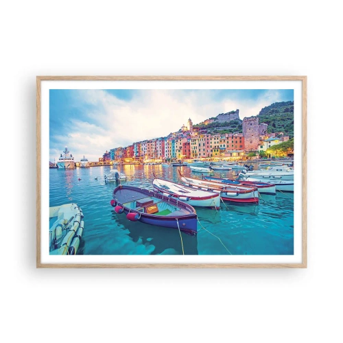 Affiche dans un chêne clair - Poster - Soirée colorée au port - 100x70 cm