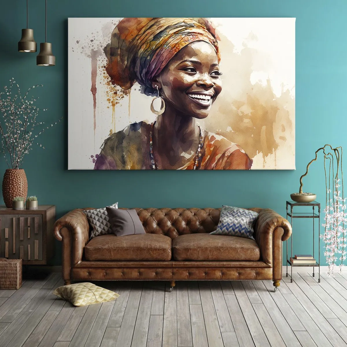 Impression sur toile - Image sur toile - Portrait d'une femme souriante dans un foulard coloré à l'aquarelle - 70x50cm - reine africaine - Décoration murale moderne pour le salon et la chambre ARTTOR