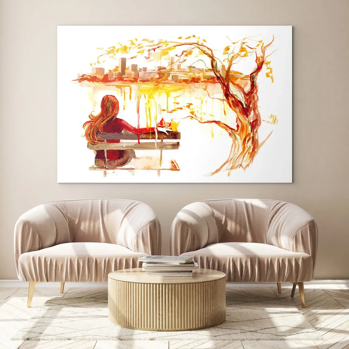 Impression sur verre - Image sur verre - Une figure sur un banc surplombant la ville à l'aquarelle - 70x50cm - Un moment de réflexion - Décoration murale moderne pour le salon et la chambre ARTTOR