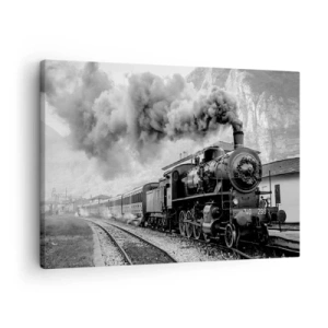 Impression sur toile - Image sur toile - Une locomotive à vapeur noire et blanche sur fond de paysage de montagne - 70x50cm - Attend à la gare... - Décoration murale moderne pour le salon et la chambre ARTTOR