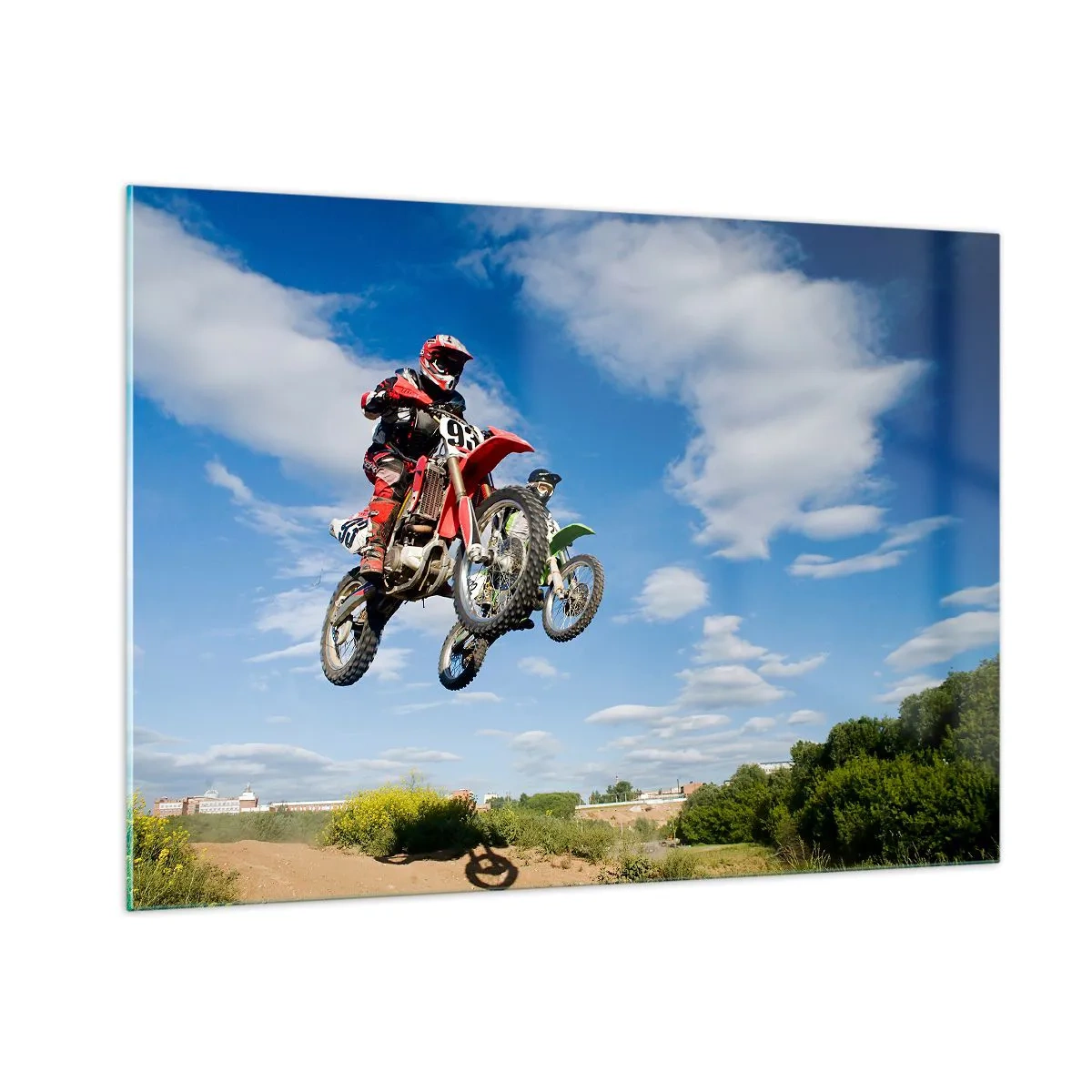 Impression sur verre - Image sur verre - Un pilote de moto en vol contre un ciel bleu - 100x70cm - Saut en parachute - Décoration murale moderne pour le salon et la chambre ARTTOR