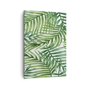 Impression sur toile - Image sur toile - Feuilles de palmier tropicales vertes sur fond clair - 70x100cm - Sous la canopée verte - Décoration murale moderne pour le salon et la chambre ARTTOR