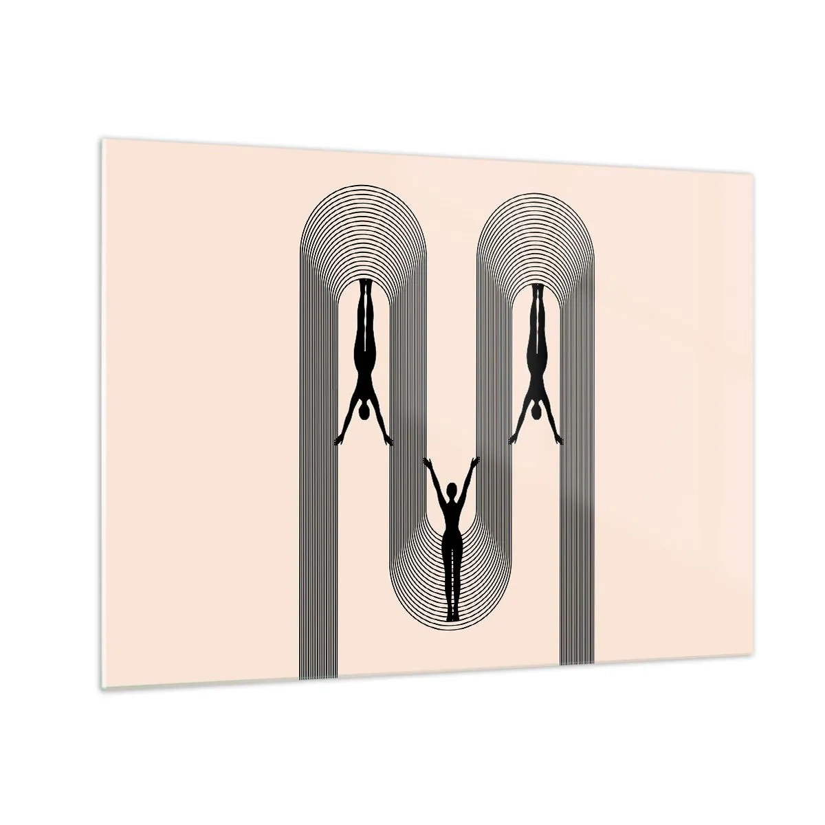 Impression sur verre - Image sur verre - Silhouettes noires de personnages suspendus dans des arcs rythmiques - 70x50cm - Les jambes en l’air - Décoration murale moderne pour le salon et la chambre ARTTOR