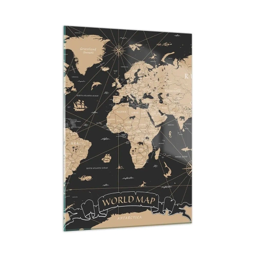 Impression sur verre - Image sur verre - Carte du monde stylisée dans les tons beige et noir - 50x70cm - Les limites de mon monde - Décoration murale moderne pour le salon et la chambre ARTTOR