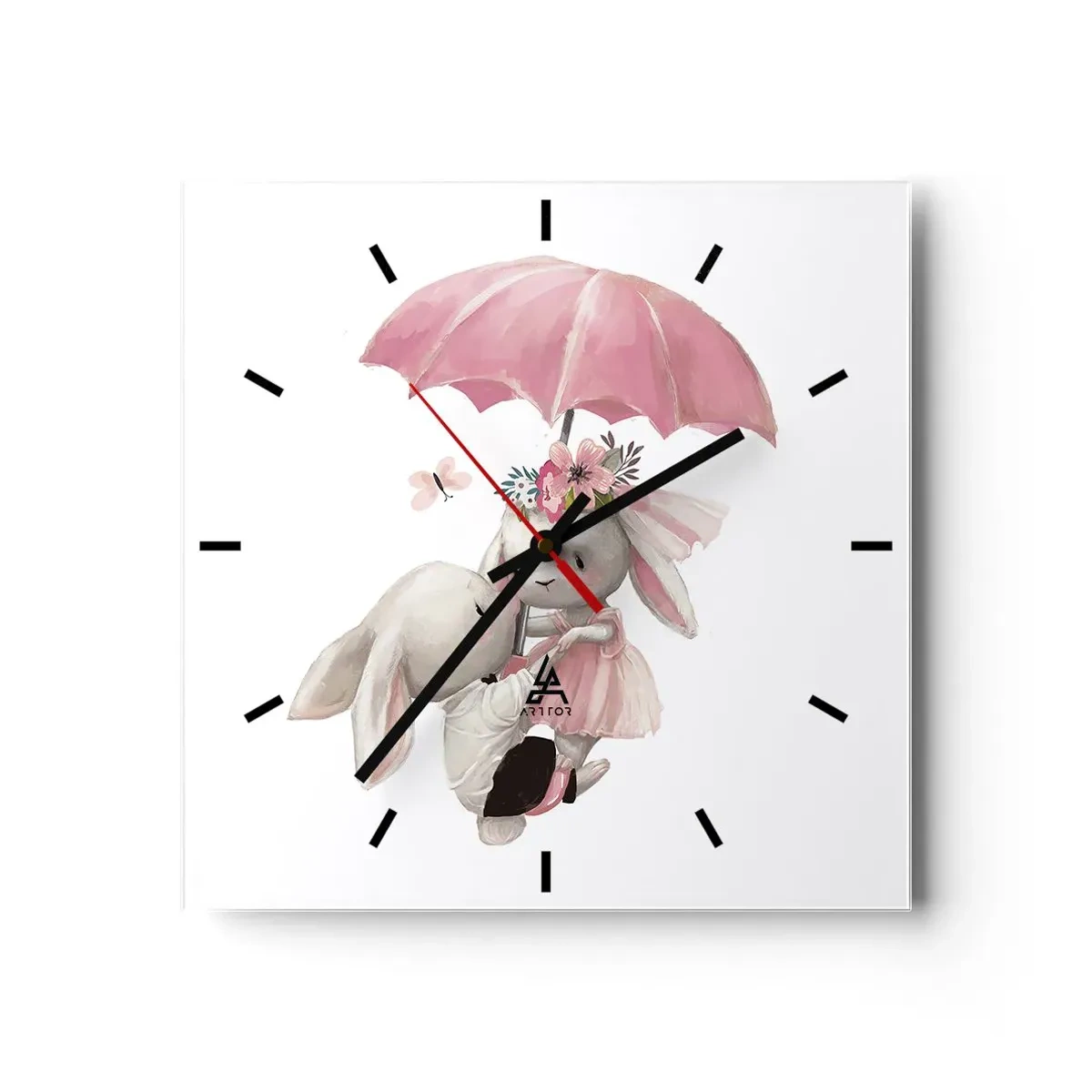 Horloge murale - Pendule murale - Des lapins mignons sous un parapluie rose - 30x30cm - C'est ça l'amour - Décoration murale moderne pour le salon et la chambre ARTTOR