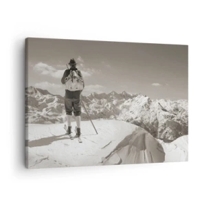 Impression sur toile - Image sur toile - Un skieur au sommet d'une montagne en noir et blanc - 70x50cm - Toutes les mêmes ces montagnes - Décoration murale moderne pour le salon et la chambre ARTTOR