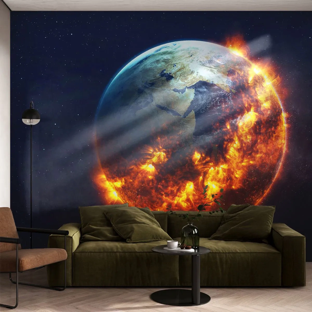 Papier Peint Photo Premium Canvas - La flamme de l'apocalypse - Cosmos, Planète Terre, Flammes de feu - 250x175 cm