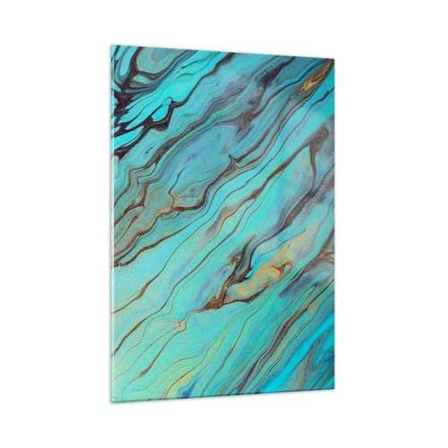 Impression sur verre - Image sur verre - Des stries abstraites en turquoise et or - 50x70cm - Marée turquoise - Décoration murale moderne pour le salon et la chambre ARTTOR