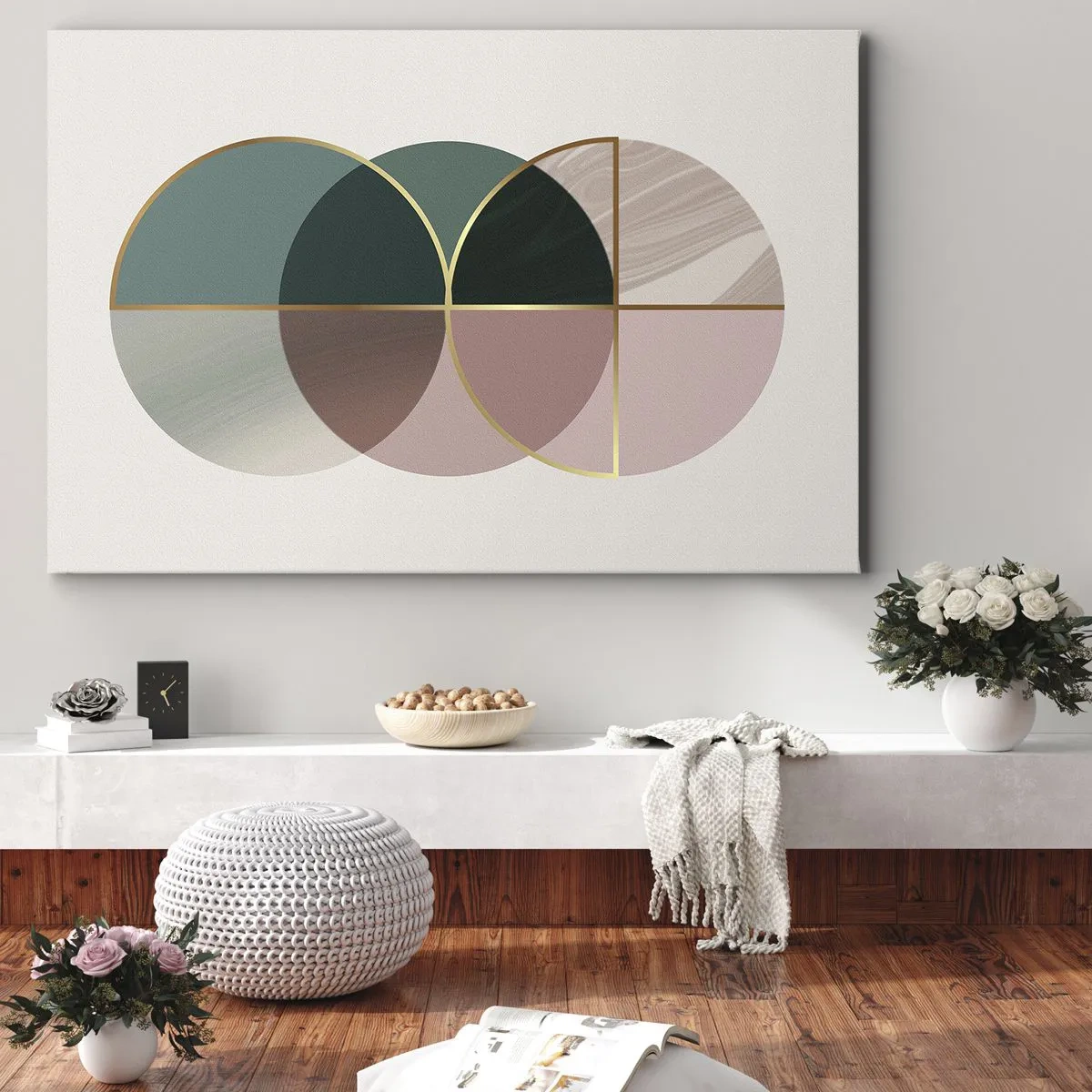 Impression sur toile - Image sur toile - Une composition abstraite de formes géométriques et de lignes dorées. - 100x70cm - Cercles après cercles - Décoration murale moderne pour le salon et la chambre ARTTOR