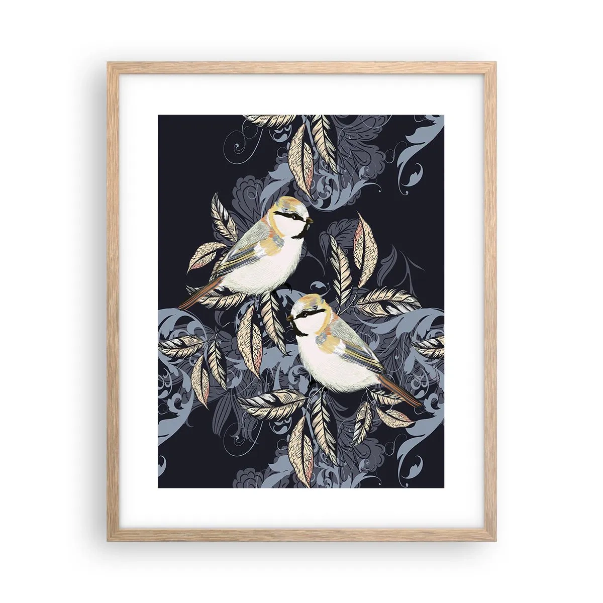 Affiche dans un chêne clair - Poster - Babillement jaune et bleu - 40x50 cm