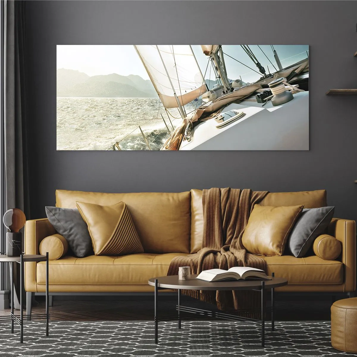 Impression sur verre - Image sur verre - Un yacht en pleine mer avec vue sur les montagnes - 140x50cm - Toutes voiles dehors - Décoration murale moderne pour le salon et la chambre ARTTOR