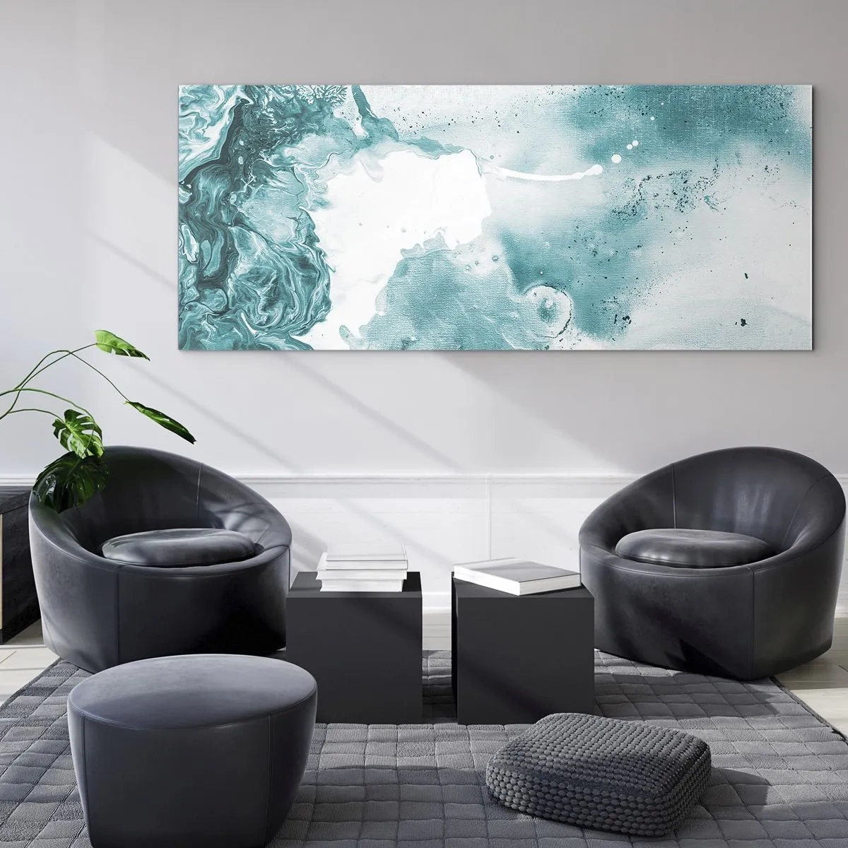 Impression sur verre - Image sur verre - Abstraction dans des tons de bleu avec de délicats accents de blanc - 140x50cm - Marécage bleu - Décoration murale moderne pour le salon et la chambre ARTTOR
