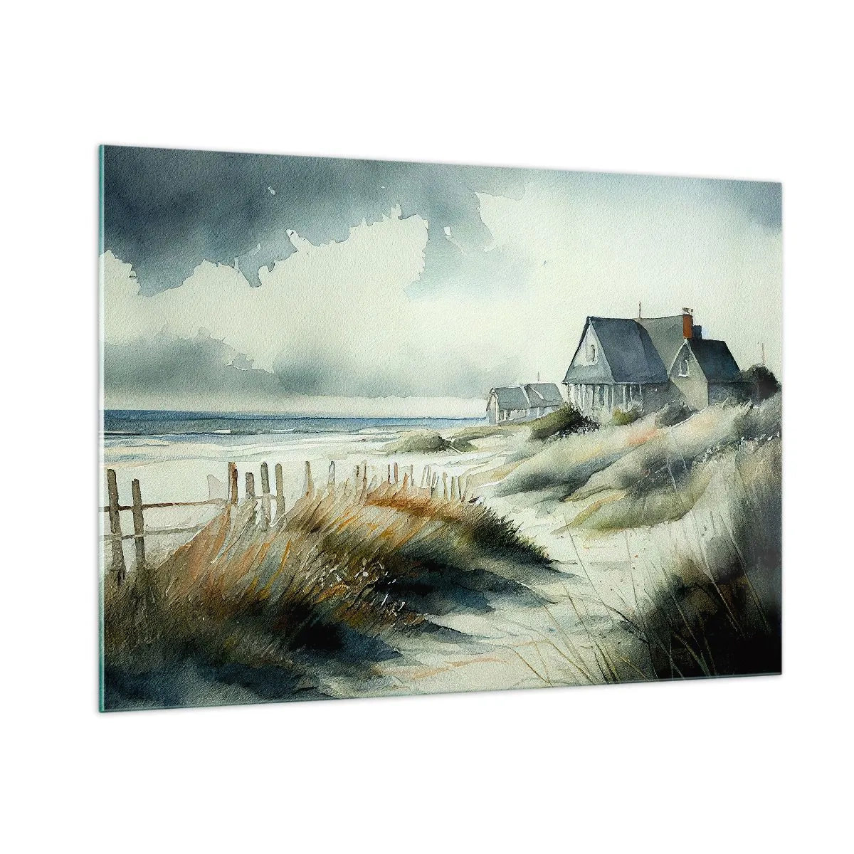 Impression sur verre - Image sur verre - Maisons de dunes en bord de mer sous un ciel nuageux - 100x70cm - Loin de l'agitation - Décoration murale moderne pour le salon et la chambre ARTTOR