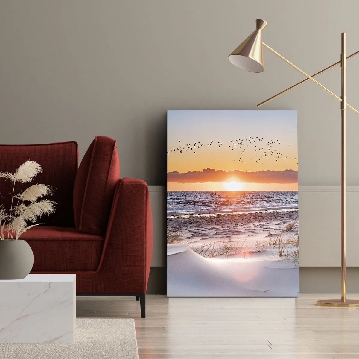Impression sur toile - Image sur toile - Coucher de soleil sur la mer avec vue sur les dunes - 80x120cm - Paysage horizontal - Décoration murale moderne pour le salon et la chambre ARTTOR