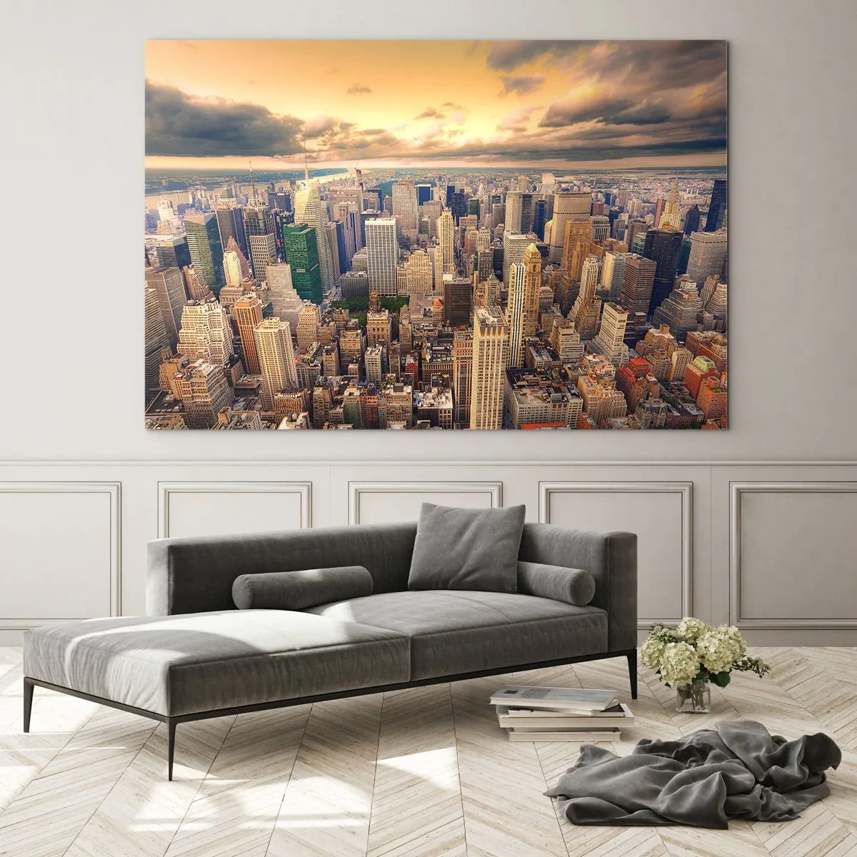 Impression sur verre - Image sur verre - Panorama de la ville avec des gratte-ciels au coucher du soleil - 100x70cm - Métropole dorée - Décoration murale moderne pour le salon et la chambre ARTTOR