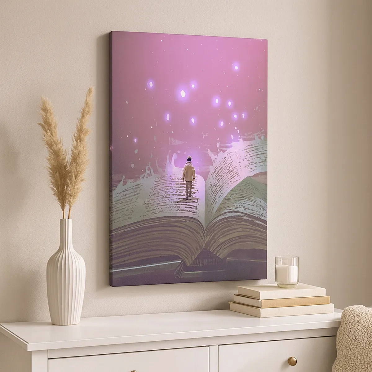 Impression sur toile - Image sur toile - Une silhouette marche sur un livre ouvert dans une lumière magique. - 50x70cm - Invitation à un autre monde - lisez ! - Décoration murale moderne pour le salon et la chambre ARTTOR