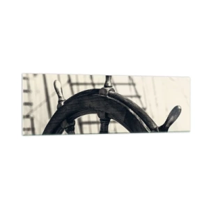 Impression sur verre - Image sur verre - Un gouvernail de style rétro avec un navire en arrière-plan - 160x50cm - Histoires de mer - Décoration murale moderne pour le salon et la chambre ARTTOR