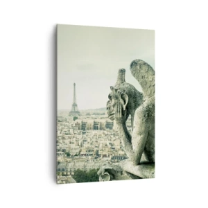Impression sur toile - Image sur toile - Gargouilles surplombant les toits de Paris et la Tour Eiffel - 70x100cm - Bavardage parisien - Décoration murale moderne pour le salon et la chambre ARTTOR