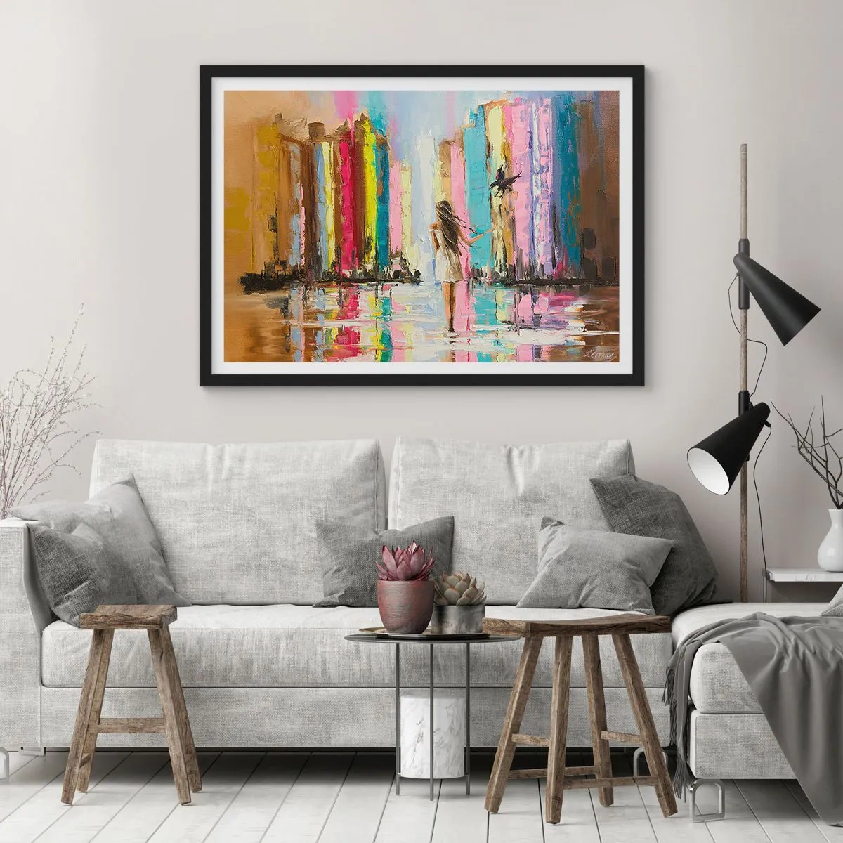 Affiche dans un cadre noir - Poster - Une ville colorée et une femme en robe blanche avec un oiseau - 70x50cm - Viens avec moi - Décoration murale moderne pour le salon et la chambre ARTTOR