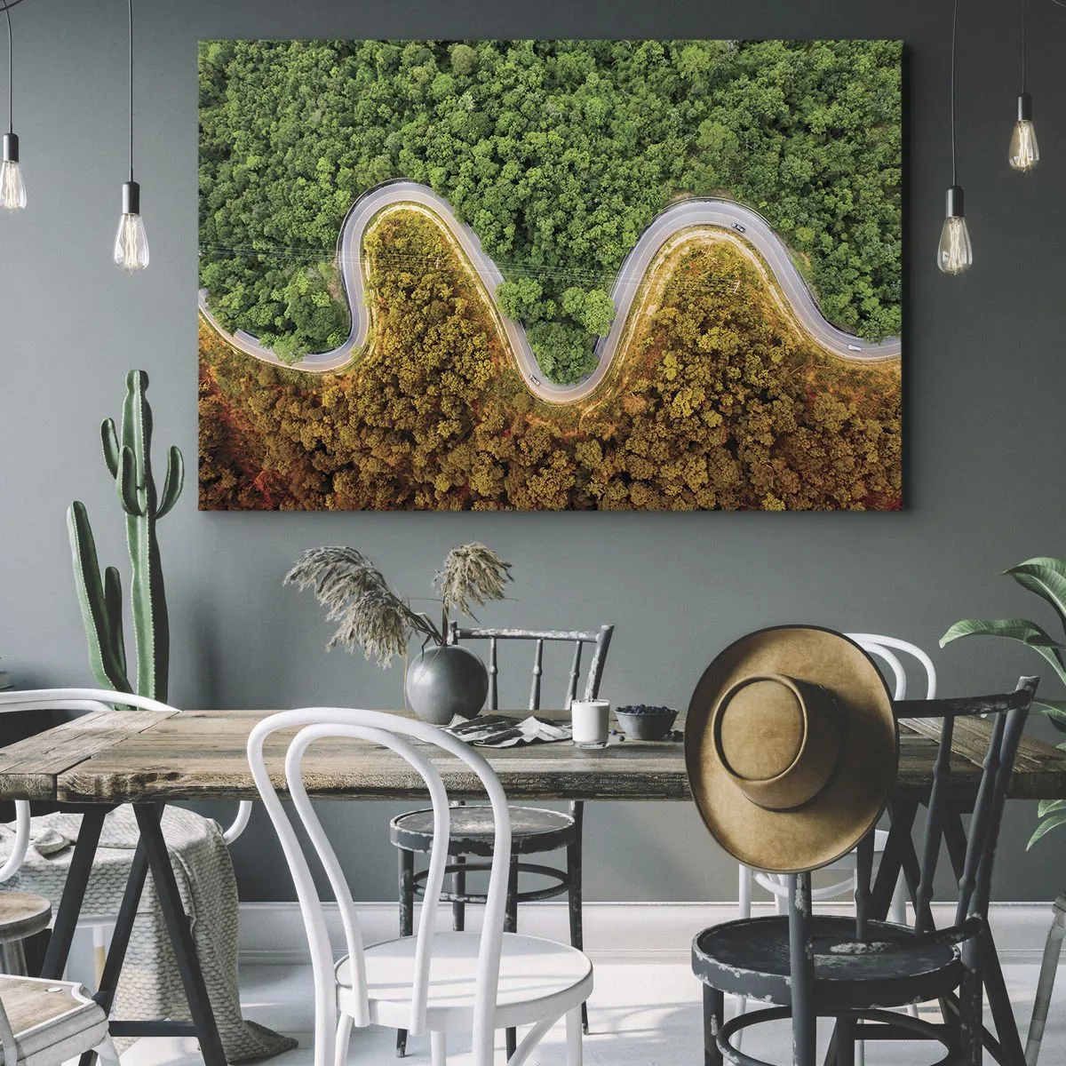 Impression sur toile - Image sur toile - Une route sinueuse à travers la forêt vue à vol d'oiseau - 70x50cm - Frontieres et differences - Décoration murale moderne pour le salon et la chambre ARTTOR