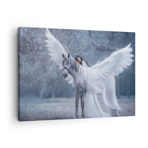 Impression sur toile - Image sur toile - Une femme sur un cheval blanc avec des ailes dans une forêt magique - 70x50cm - Un moment inspiré - Décoration murale moderne pour le salon et la chambre ARTTOR
