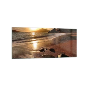 Impression sur verre - Image sur verre - Plage au coucher du soleil avec des pierres sur le rivage - 120x50cm - Suivez le soleil sur les collines - Décoration murale moderne pour le salon et la chambre ARTTOR