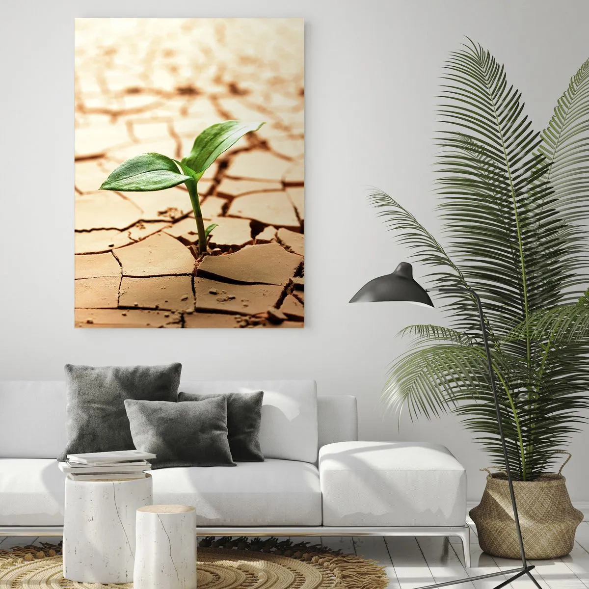 Impression sur verre - Image sur verre - Une jeune plante poussant dans une terre sèche et craquelée - 50x70cm - La force indomptable de la vie - Décoration murale moderne pour le salon et la chambre ARTTOR