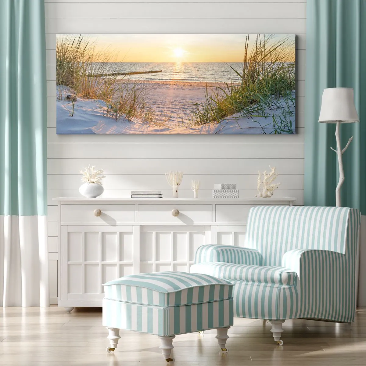 Impression sur toile - Image sur toile - Une plage de sable avec vue sur le coucher de soleil sur la mer - 160x50cm - Le bruit de la mer, le chant des oiseaux, une plage sauvage parmi les herbes… - Décoration murale moderne pour le salon et la chambre ART